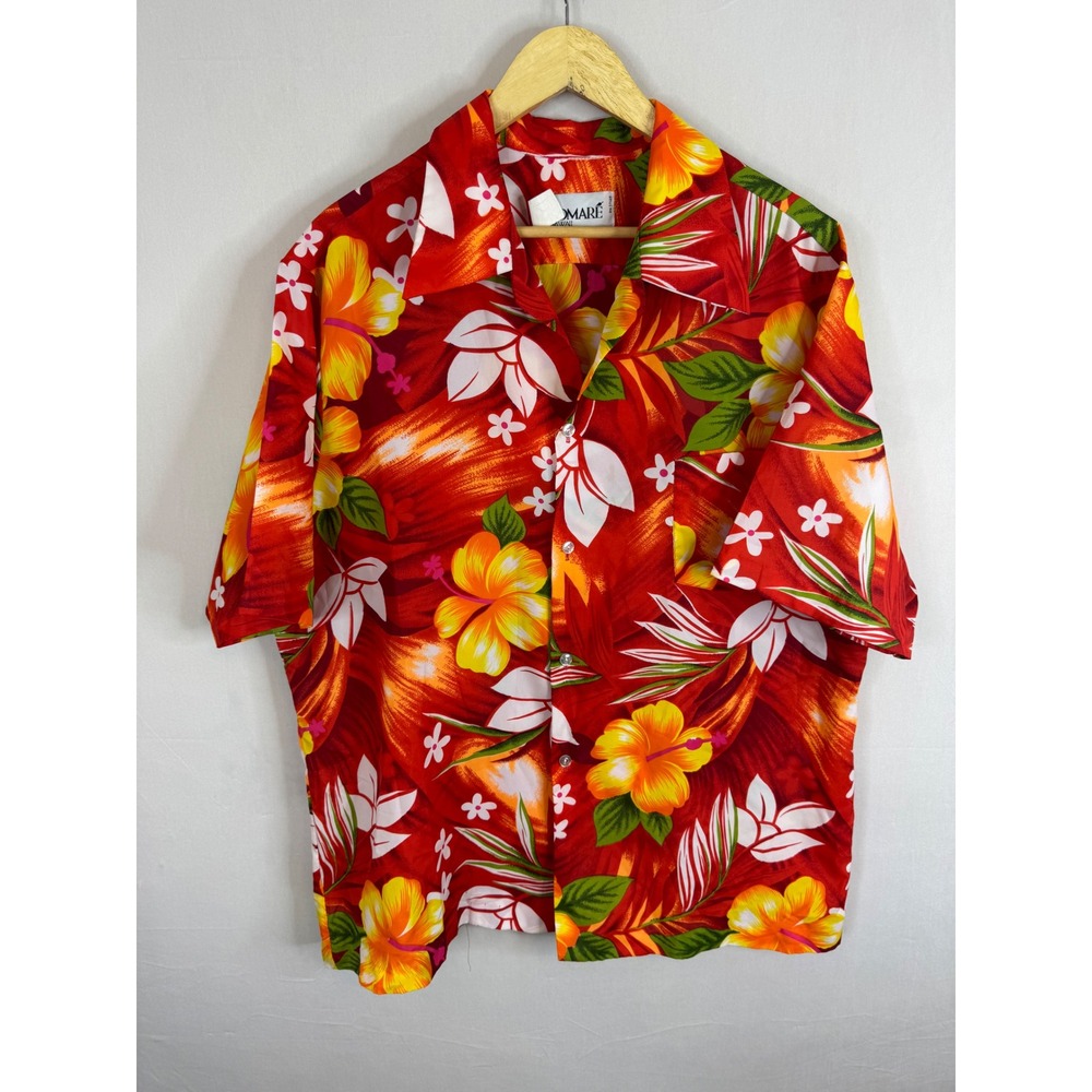 VIntage Pomare Hawaii Mens 2XL Red Hibiscus Floral Aloha Camp Shirt Short Sleeve